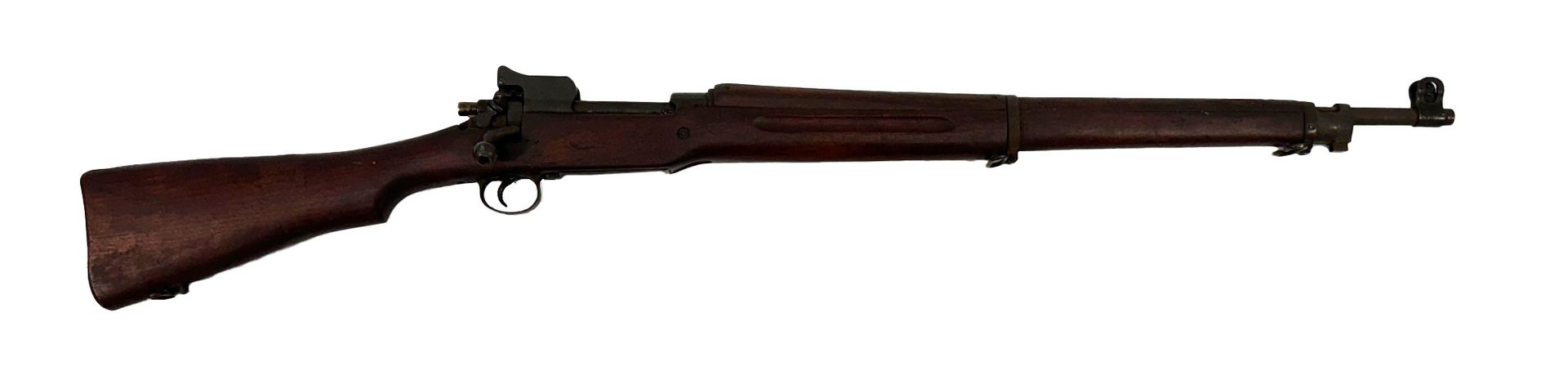 A brown rifle with a dark barrel and wooden stock, sitting horizontally on a white background.