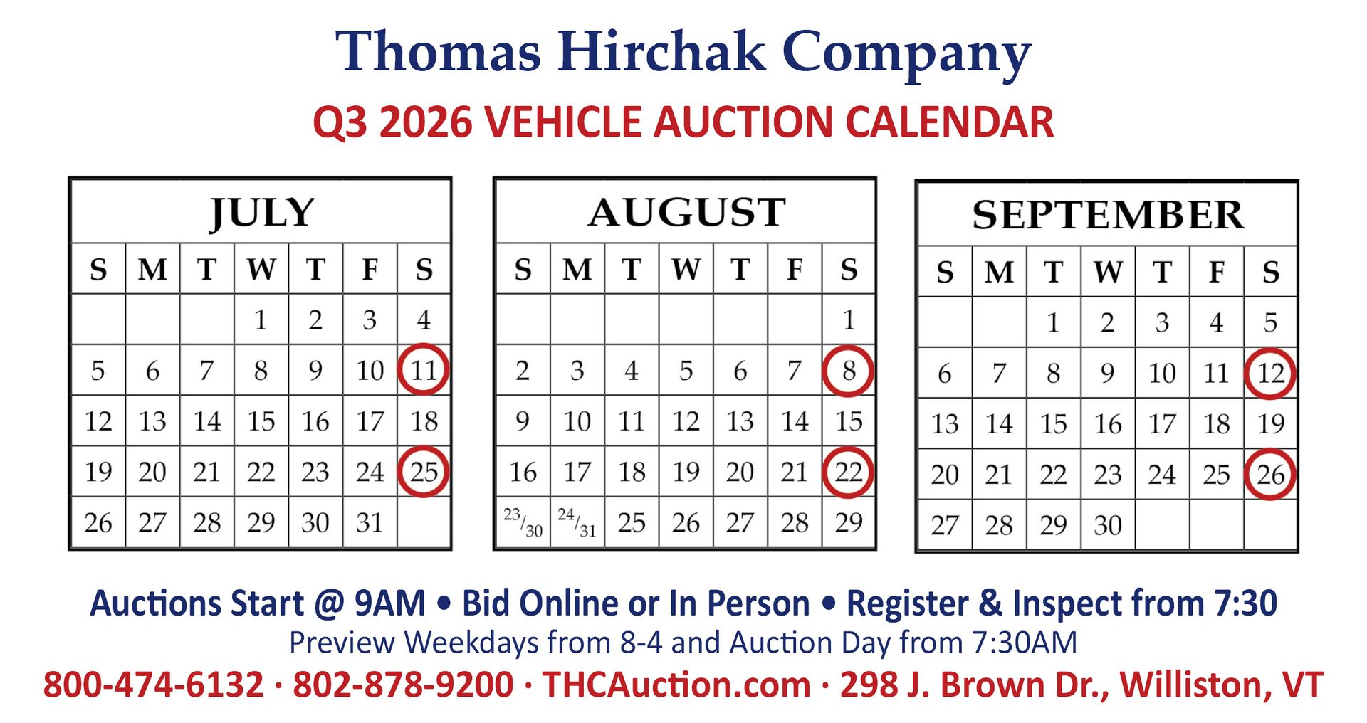 Thomas Hirchak Company Q3 2026 vehicle auction calendar with July, August, and September dates marked red