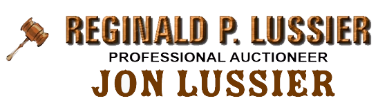 Logo for auctioneer Reginald P. Lussier and Jon Lussier, featuring a brown wooden gavel icon.
