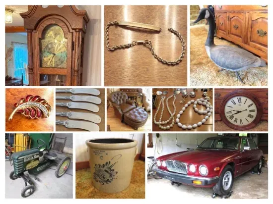 Collage of various antique items, including a clock, jewelry, and a car.