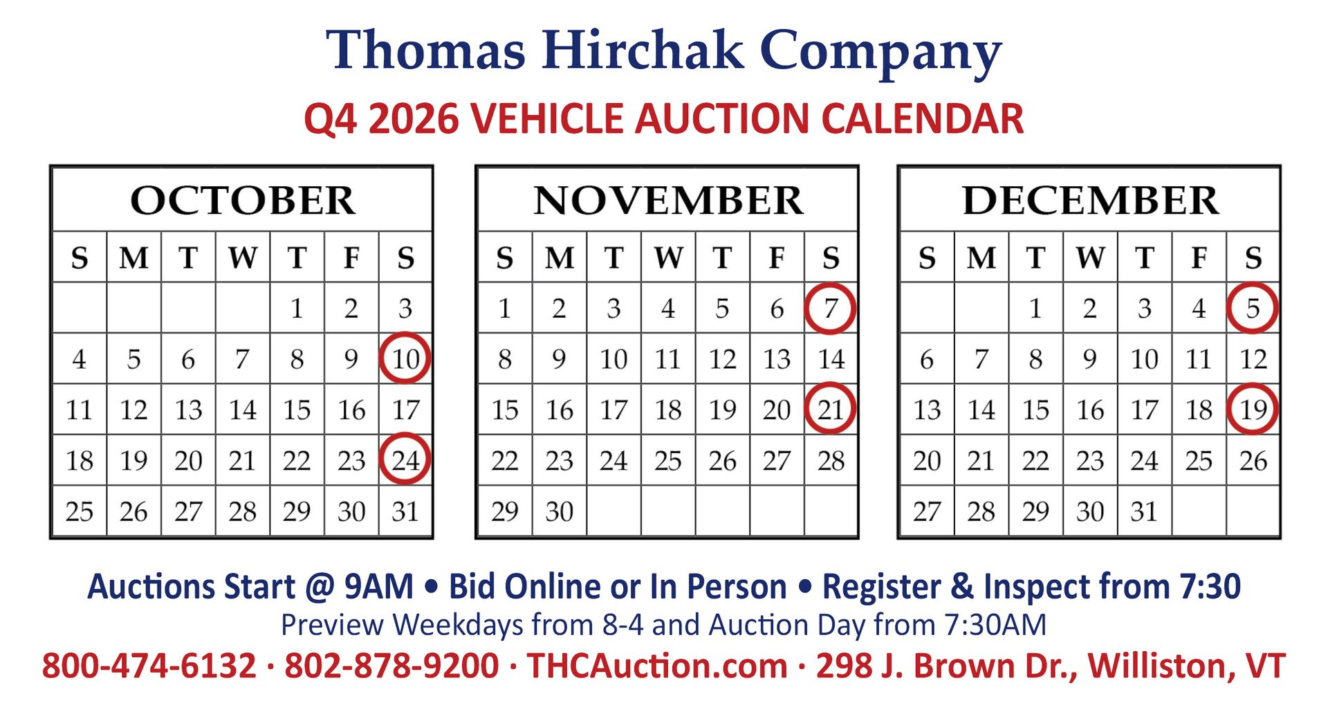 Thomas Hirchak Company Q3 2026 vehicle auction calendar with July, August, and September dates marked red