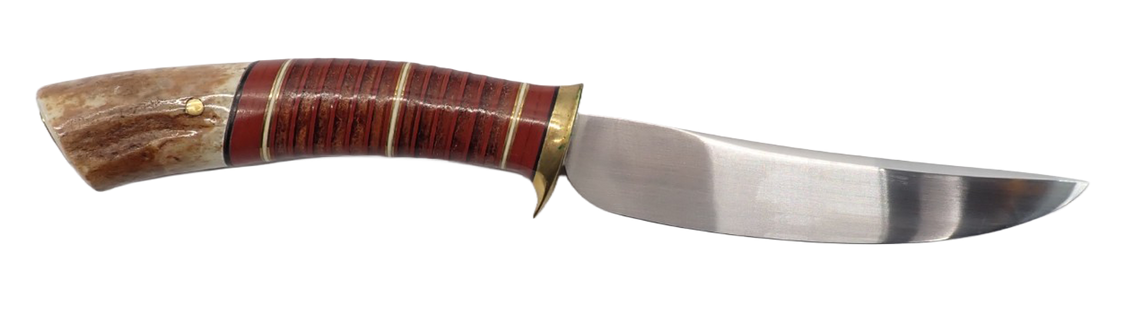 Curved knife with a wooden handle and shiny metal blade on a white background