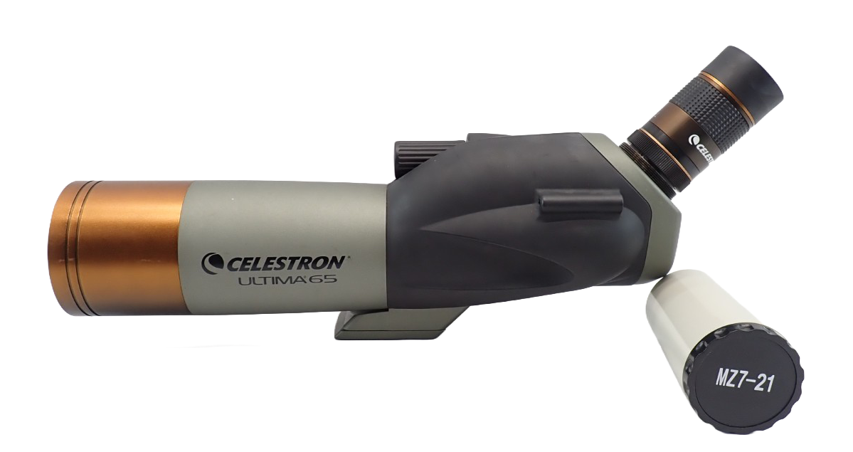 Black and silver telescope accessory with copper end cap and angled eyepiece on a white background