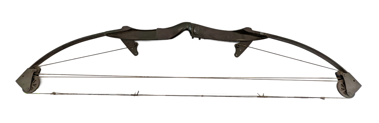 Brown recurve bow with taut string and arrow resting beneath it on a white background
