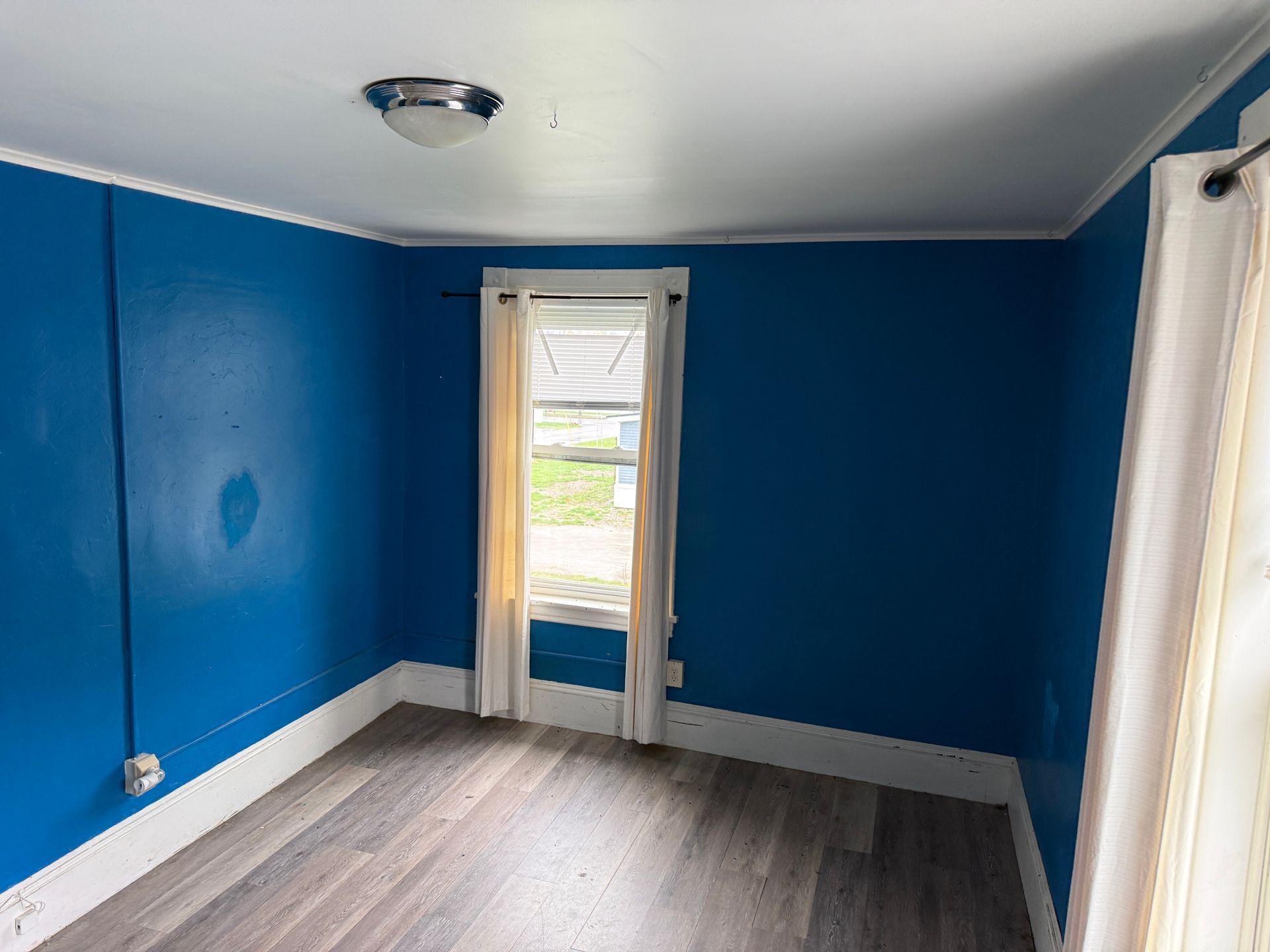 Empty blue room with white trim, gray wood floor, and a door to a bright outside view.