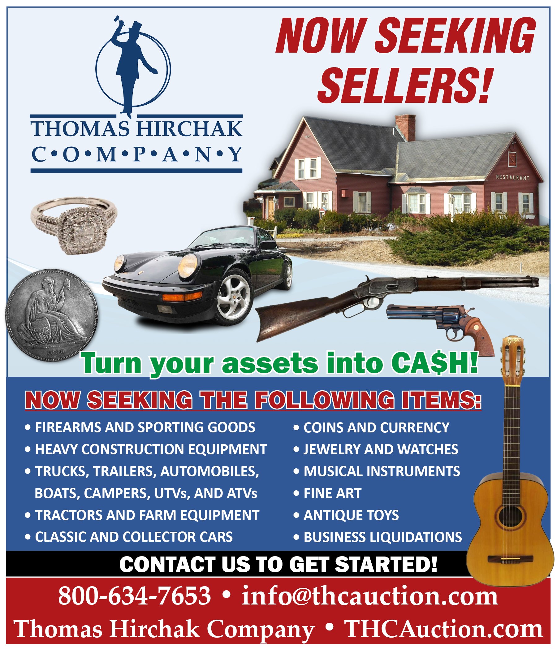 Advertisement seeking sellers for an auction house. Items include cars, firearms, and musical instruments.