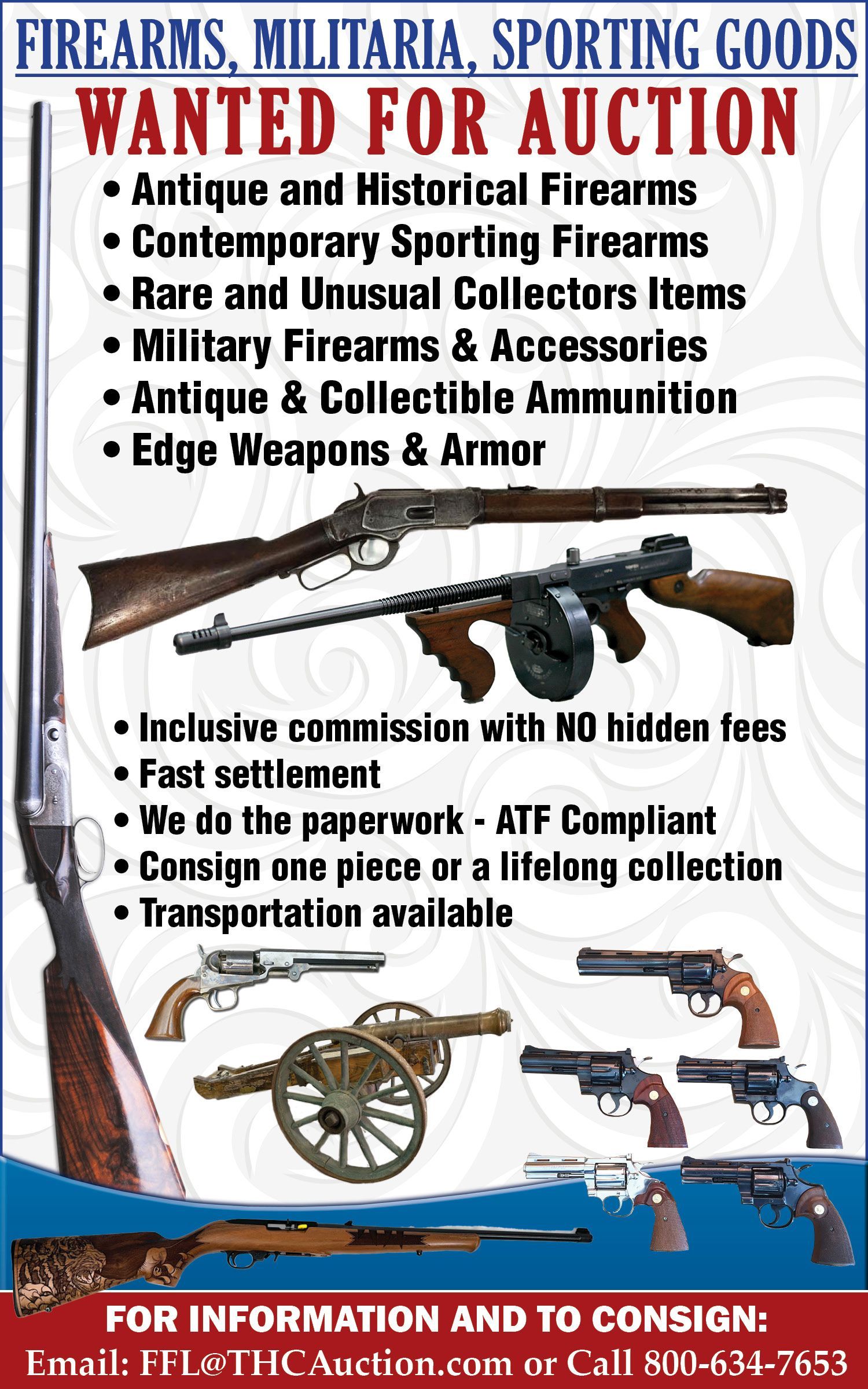Advertisement for firearms auction, featuring guns, ammunition, and military items. Text promotes consigning items.
