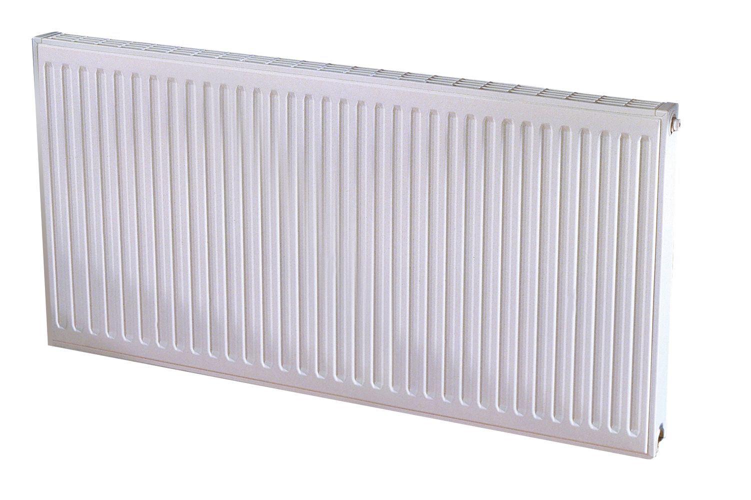 White rectangular radiator with vertical ridges.