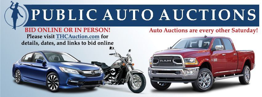 Banner for public auto auctions featuring a blue sedan, motorcycle, and red pickup truck. Text: bid online.
