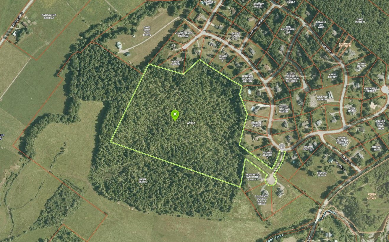 Aerial view of a wooded property outlined in green, surrounded by fields and a neighborhood with houses.