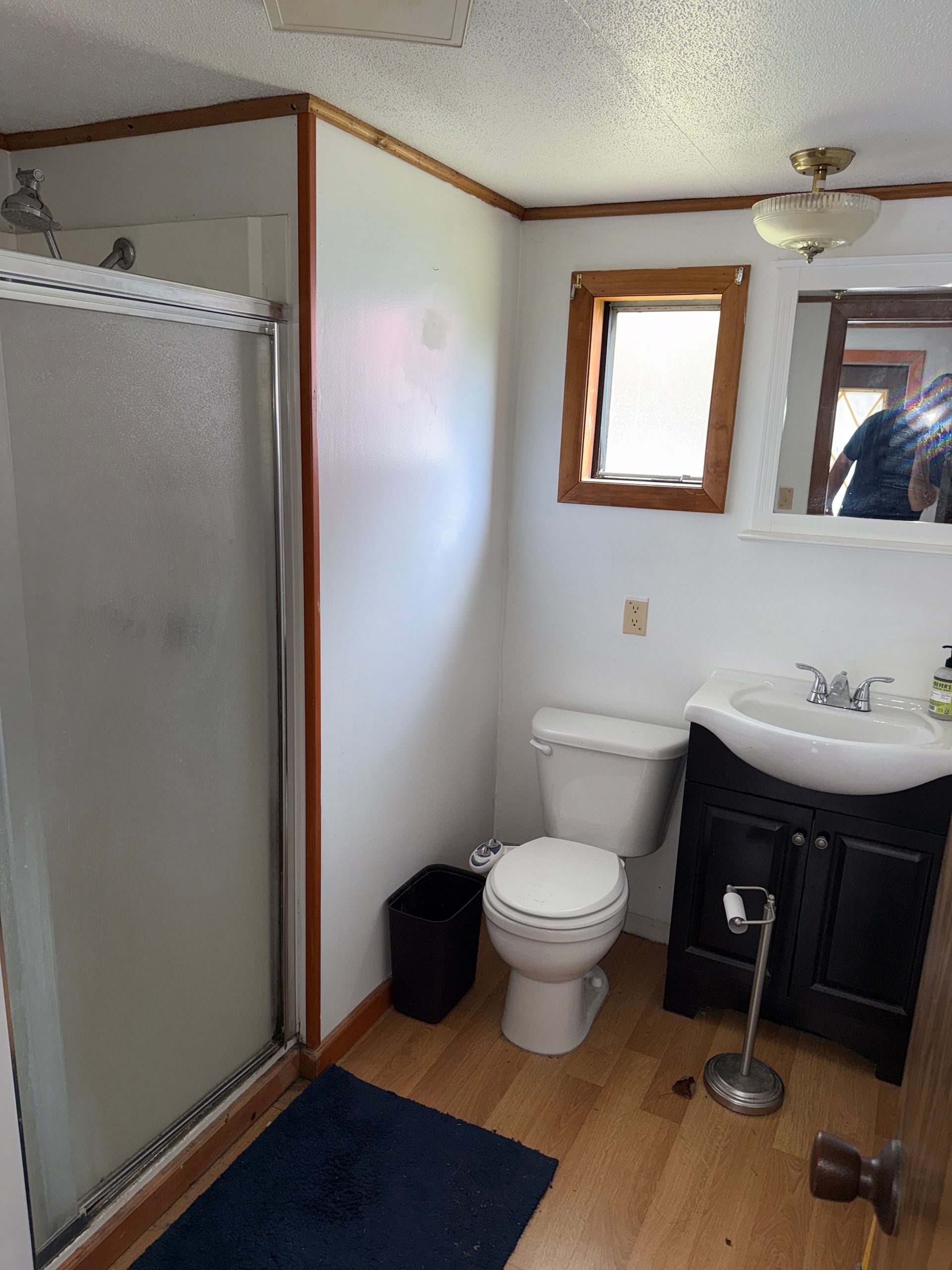 Small bathroom with shower, toilet, sink vanity, mirror, and blue bath mats.