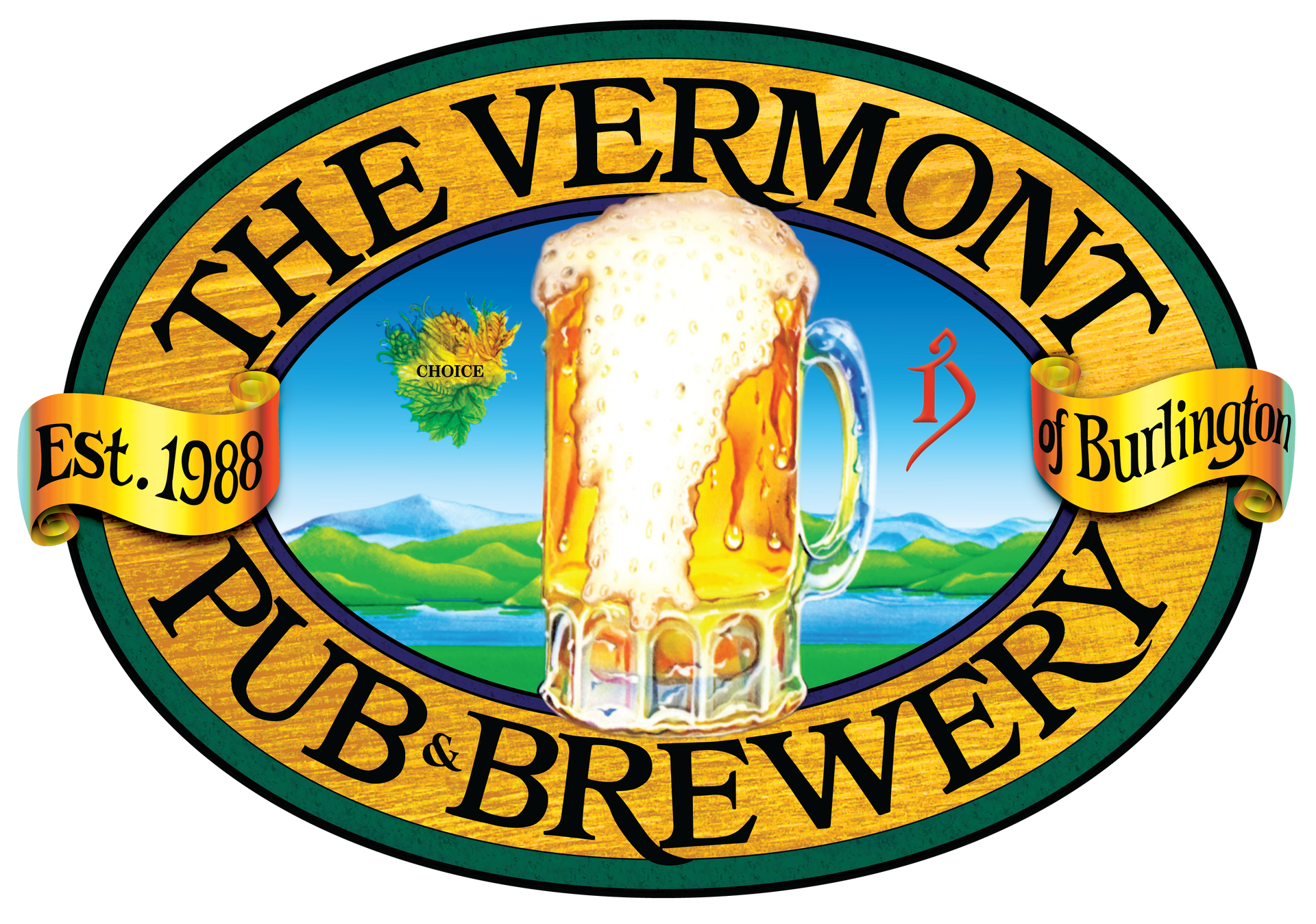 The Vermont Pub & Brewery The Vermont Pub & Brewery oval logo with a beer glass and “Est. 1988” and “Burlington” text