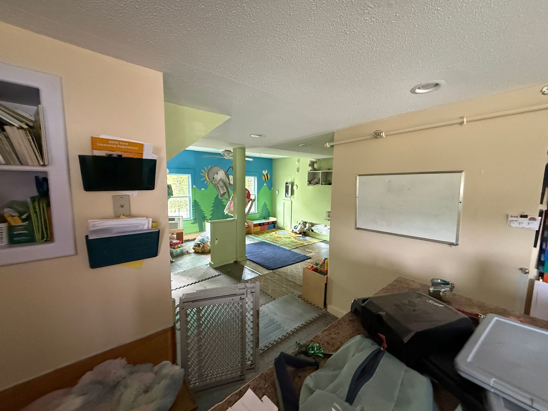 Small living room with beige walls, green accents, a whiteboard, shelving