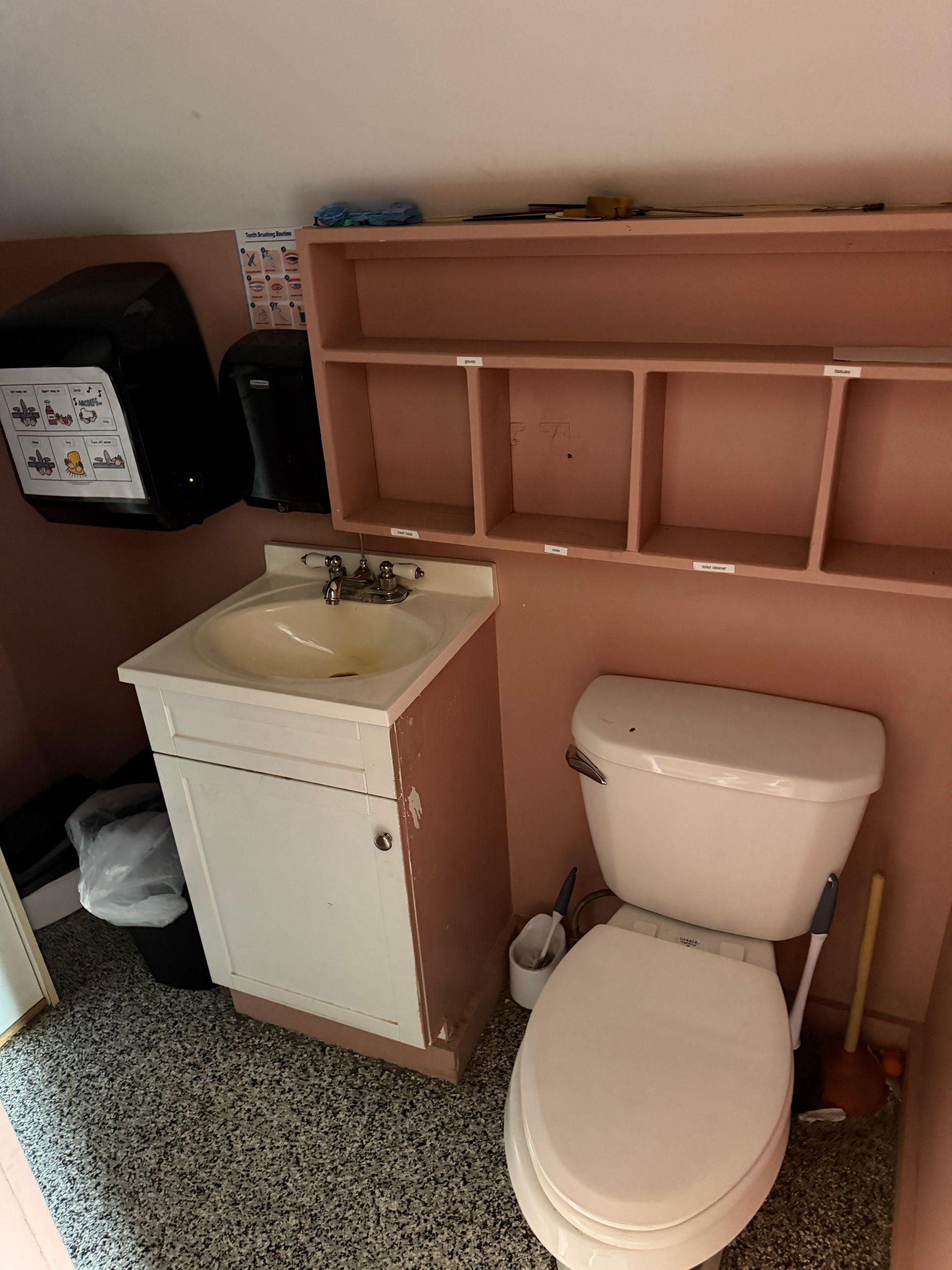 Small restroom with a toilet, white sink cabinet, and wall shelf against pink walls.
