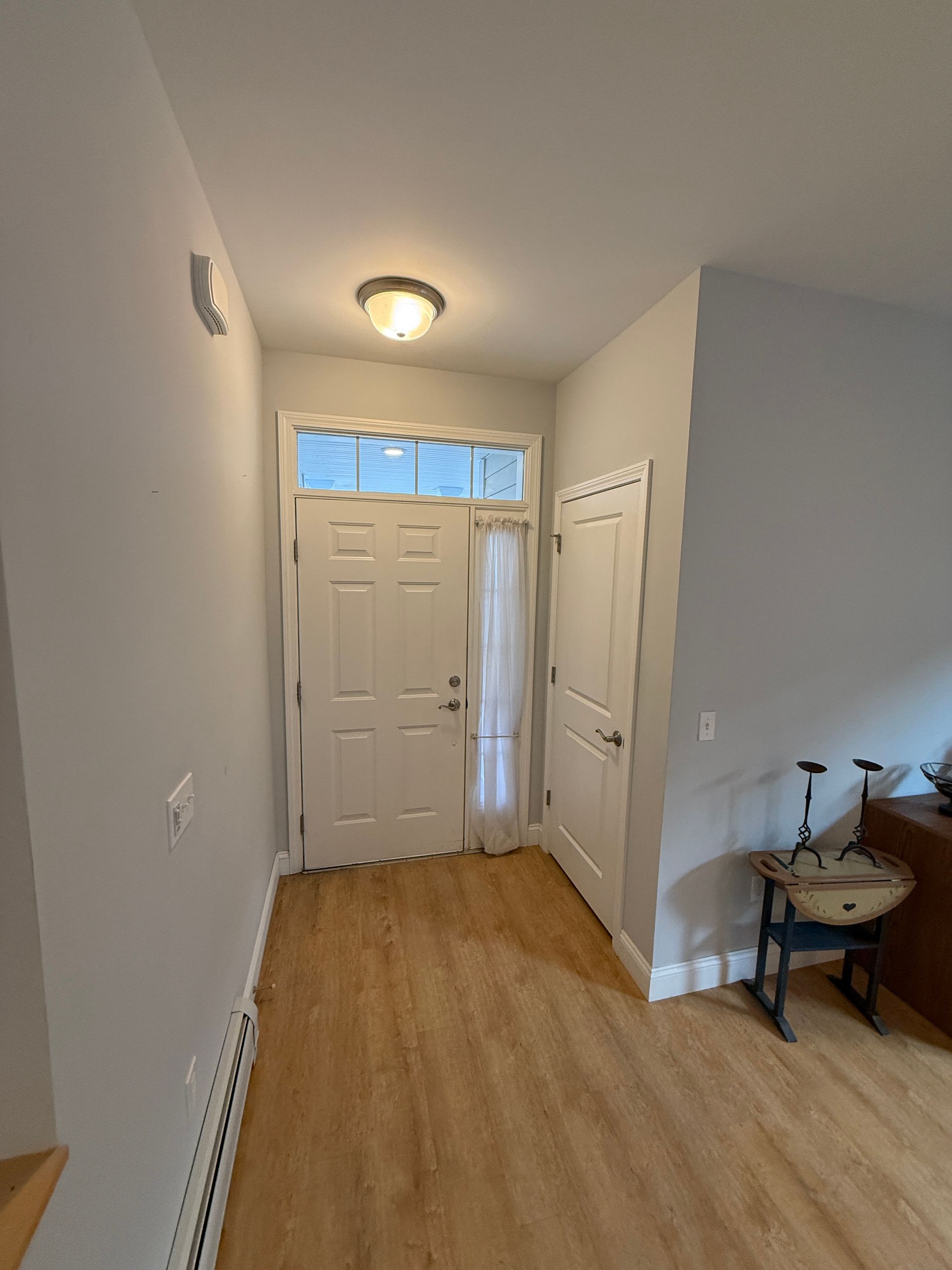 Narrow entry hallway with white walls, wood floor, front door, and a small side table with lamps.