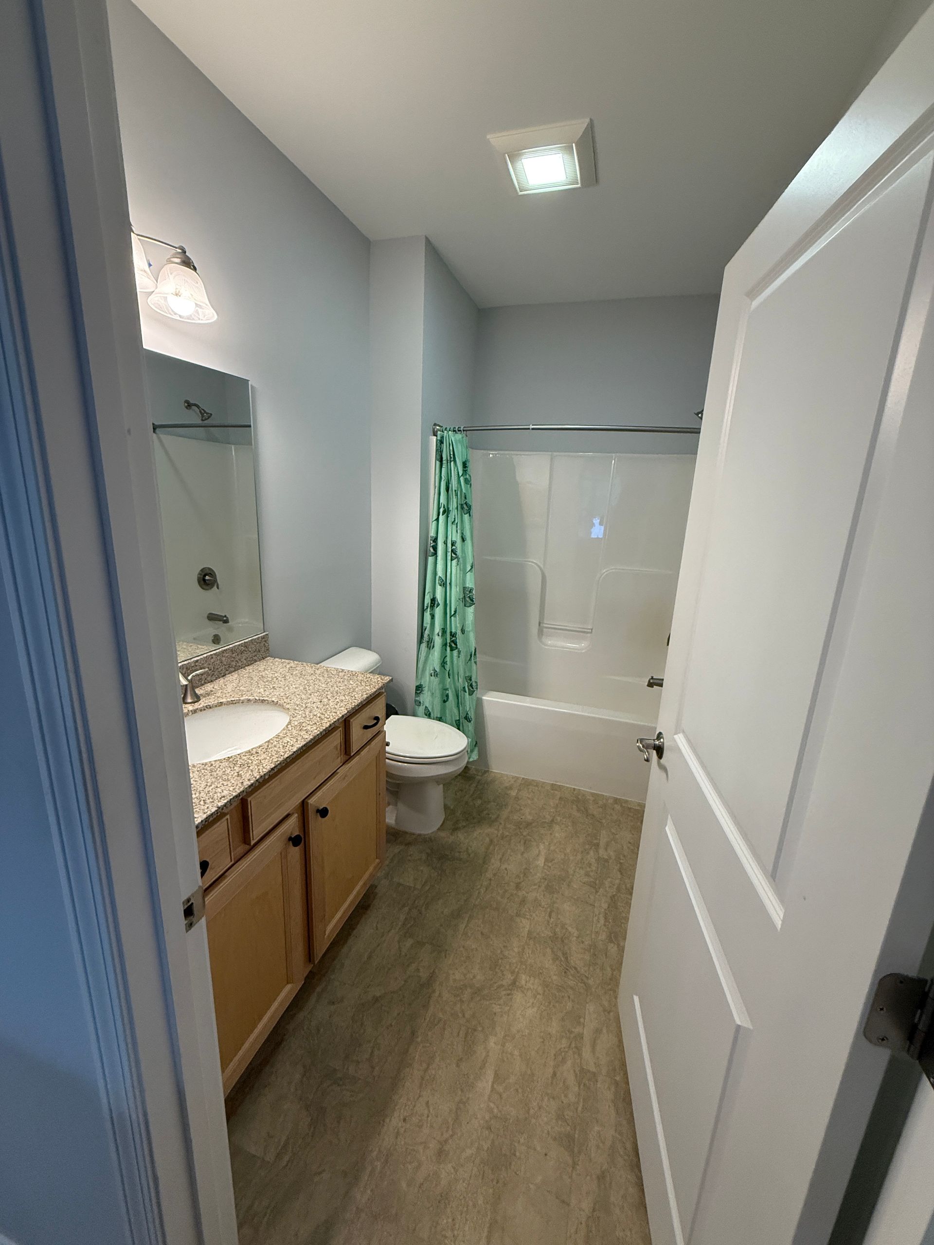 Narrow bathroom with vanity, toilet, shower curtain, and open white door.