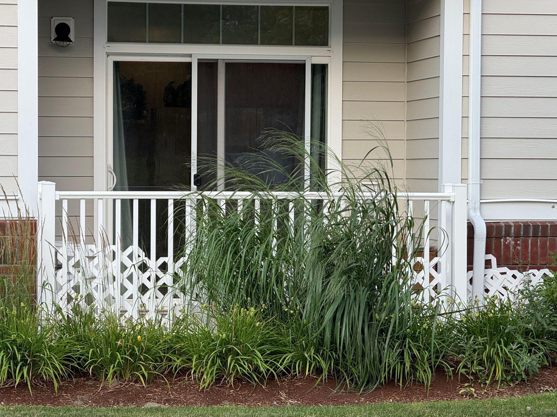White porch railing with tall green plants in front of a house entrance