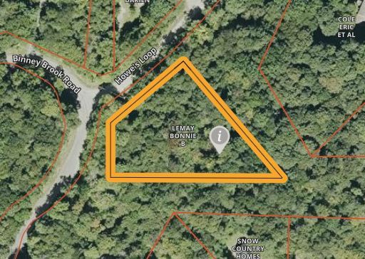 Aerial map of a wooded area with an orange outlined triangular plot boundary and a location pin