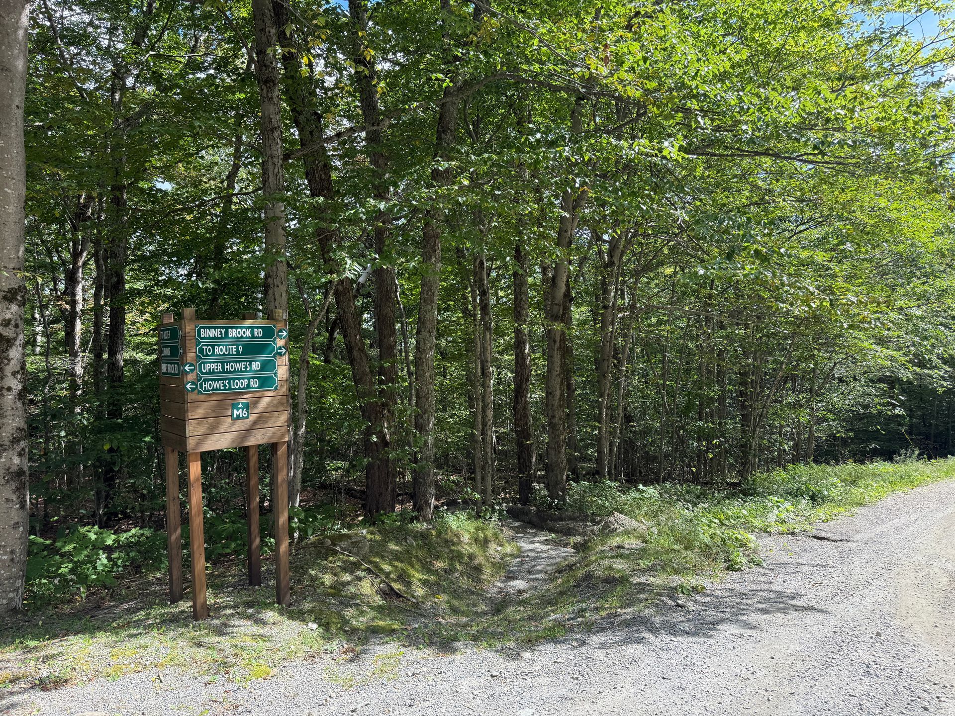 Forest trailhead sign beside a gravel road in a wooded area