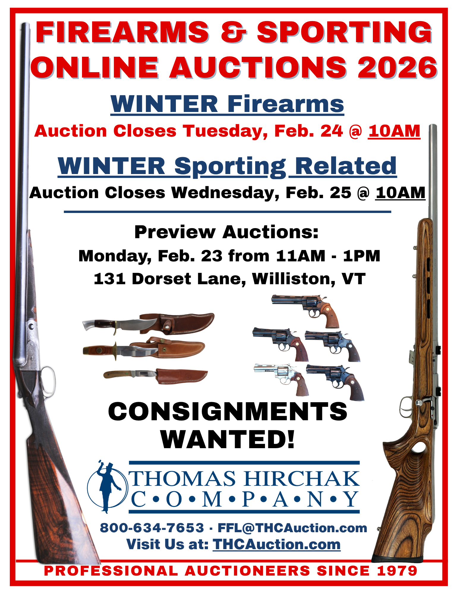 Firearms and sporting goods auction advertisement. Dates, location, and contact information for Thomas Hirchak Company.