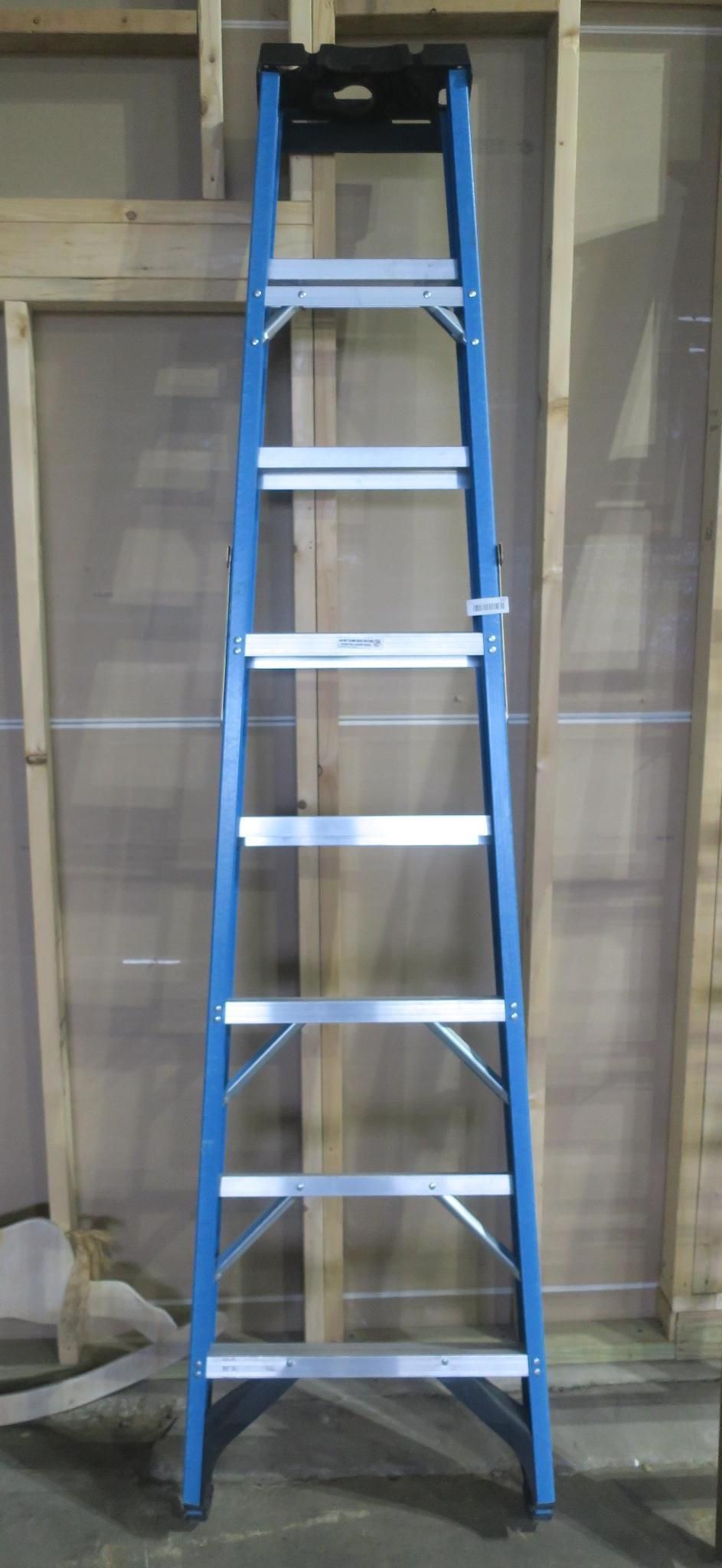 Blue extension ladder indoors leaning against a wall above construction materials
