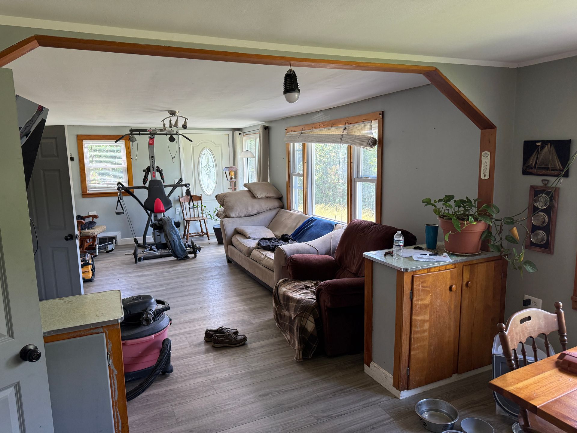 Living room with exercise equipment, sofa, chair, plants, and a wooden cabinet near large windows