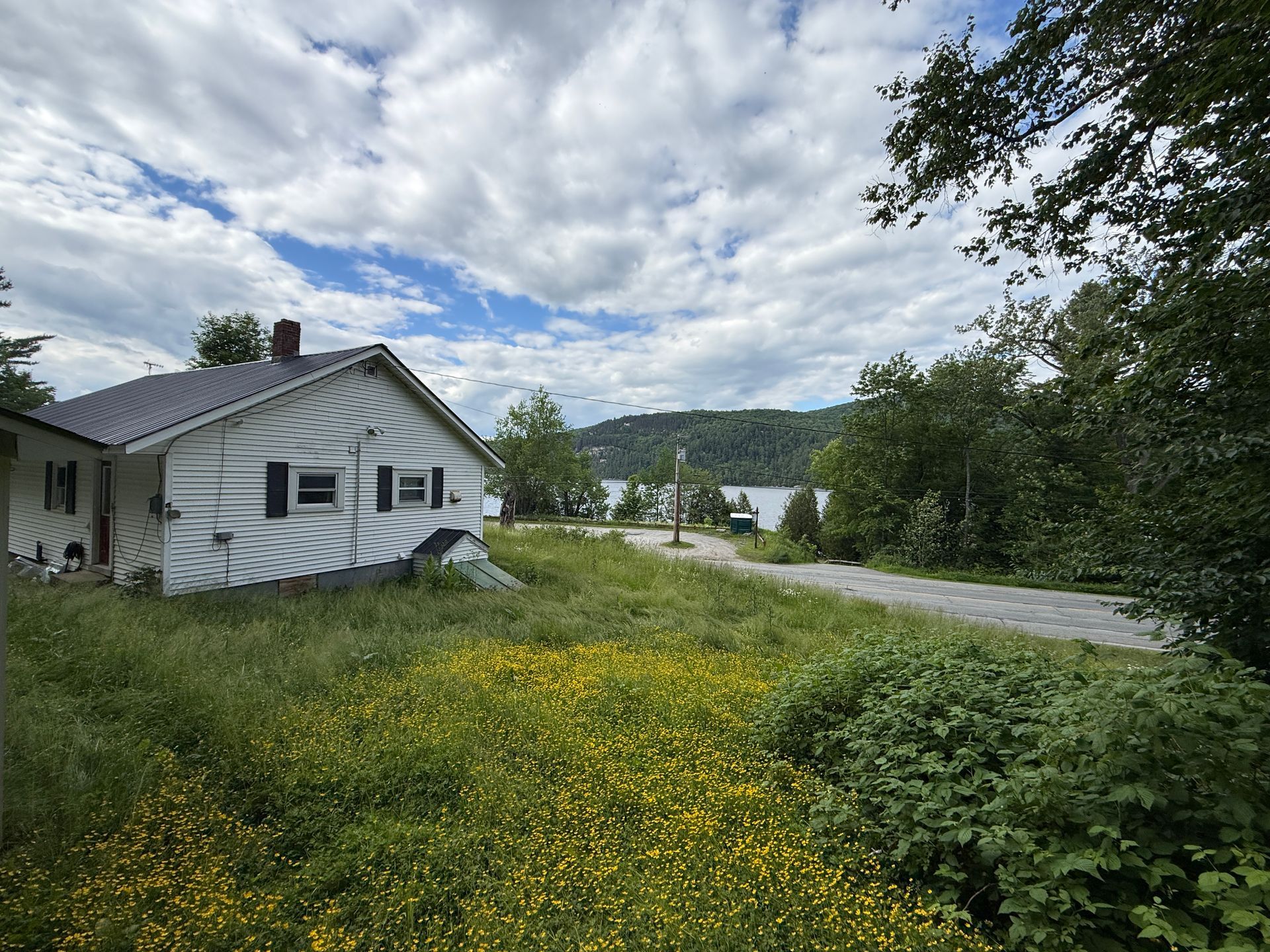 White house beside a gravel road and lake, with yellow wildflowers and cloudy sky over green hills