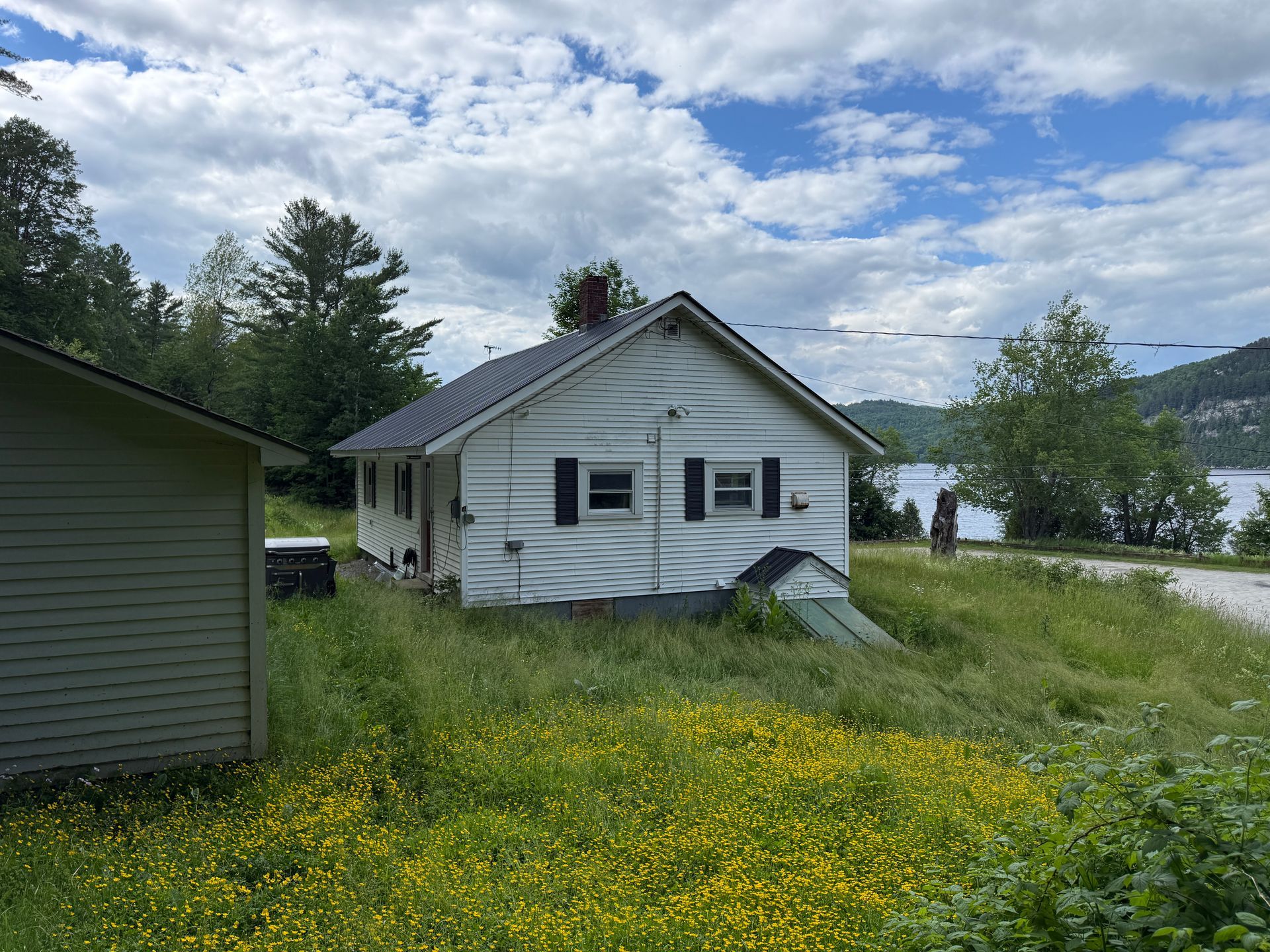 White lakeside cottage with black shutters, tall grass, and yellow wildflowers under a partly cloudy sky.