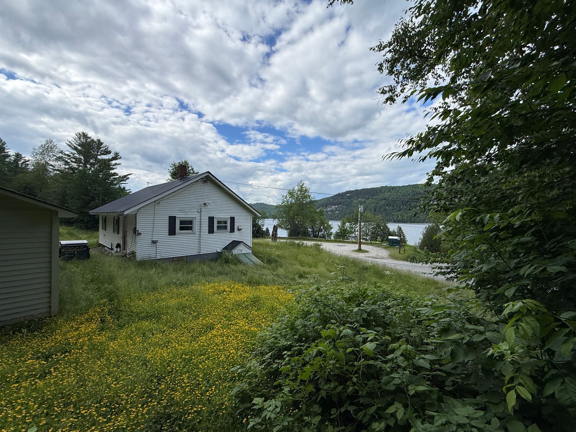White house by a lakeside road, with wildflowers, trees, and cloudy sky in the foreground.