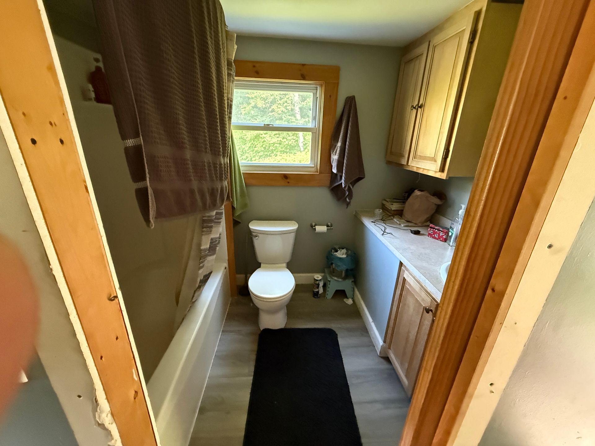 bathroom with a toilet, shower curtain, vanity, window, and dark floor runner.