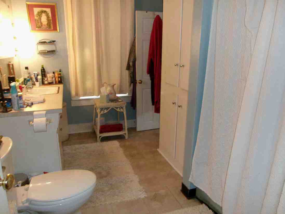Small bathroom with a toilet, vanity sink, shower curtain, and towel rack.