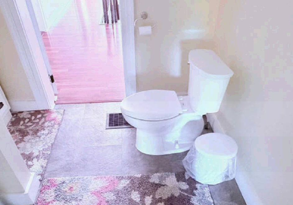Small bathroom with a white toilet, white stool, and floral carpet near an open doorway.