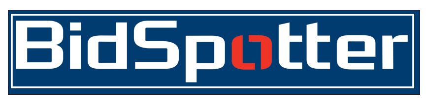 BidSpotter logo with white text on a blue background. The
