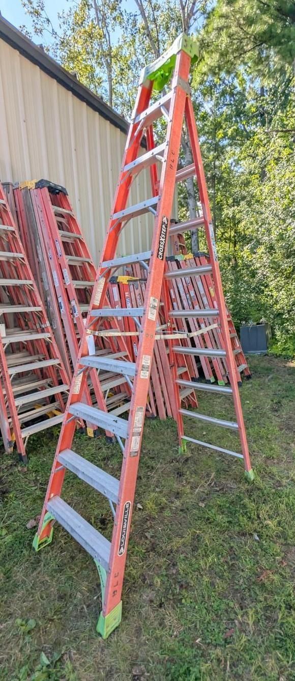 Several red extension ladders leaning against a shed outdoors on grass.