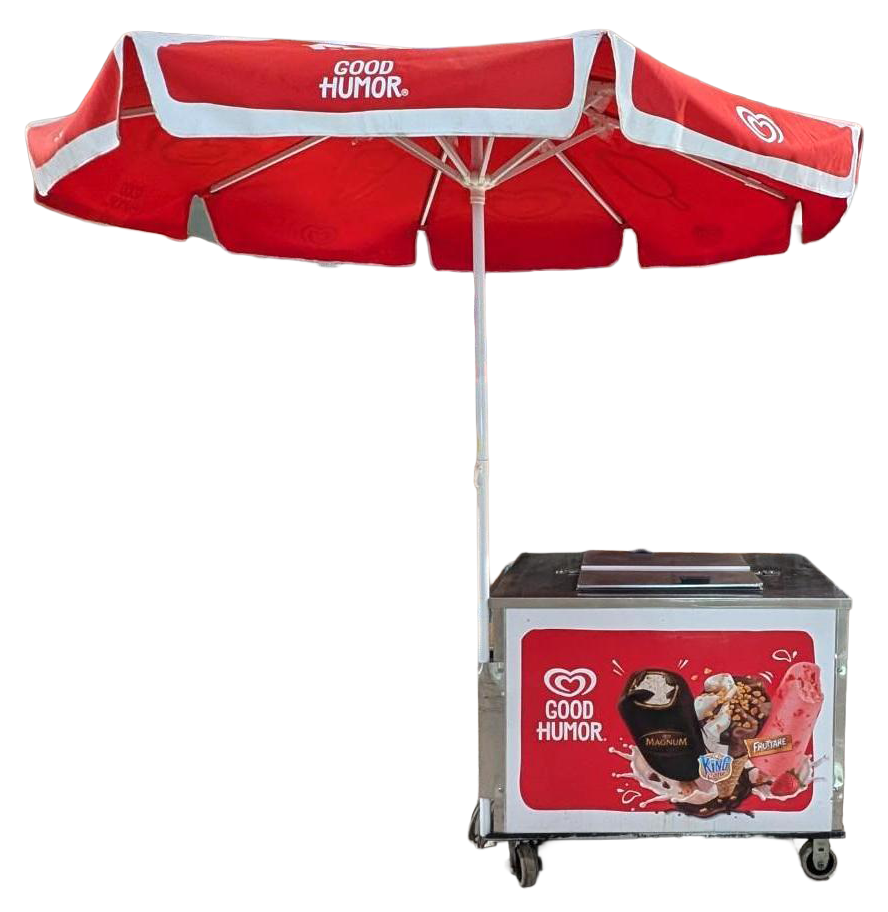 Red Good Humor ice cream cart with matching umbrella on a white background