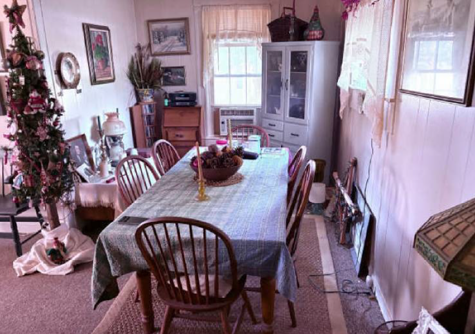 Dining room with a long table, wooden chairs, white cabinet, plants, and floral curtains