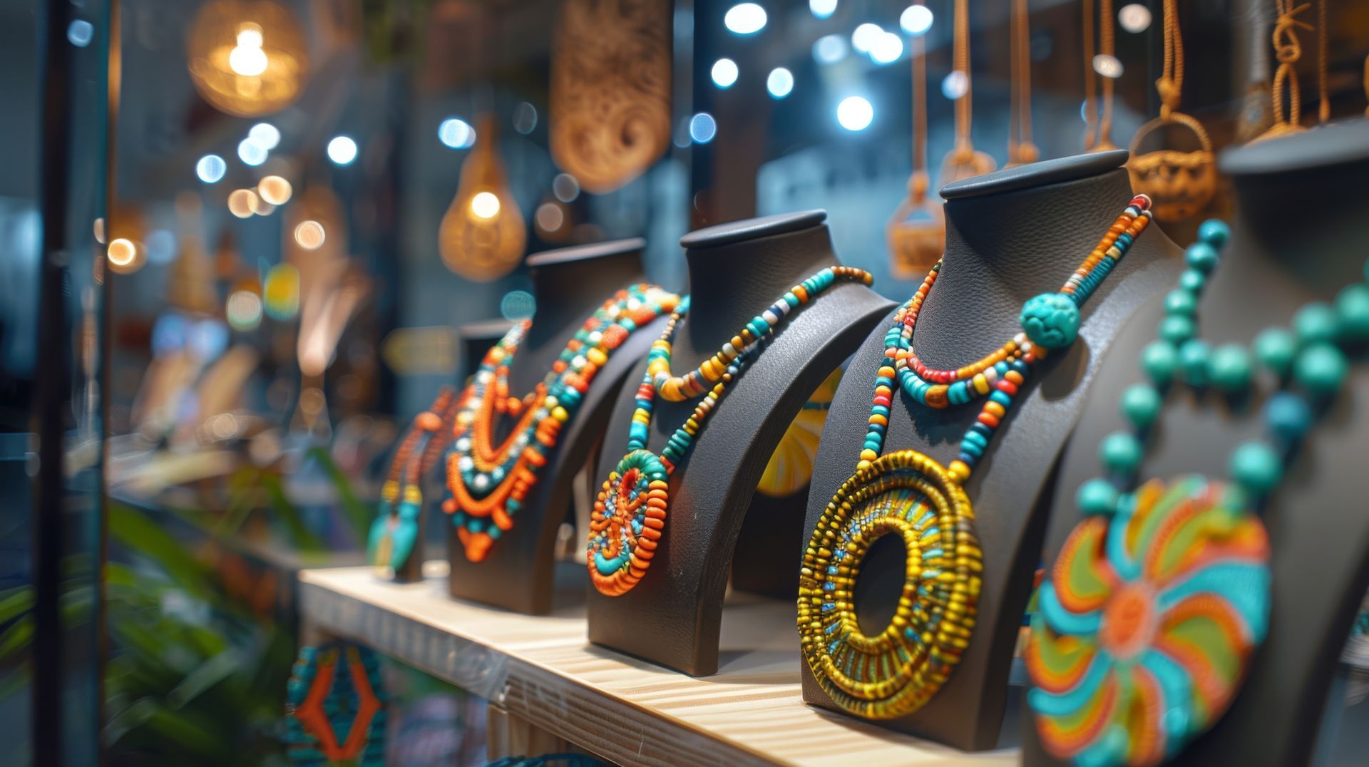 Necklaces on display, featuring colorful beads and intricate designs.