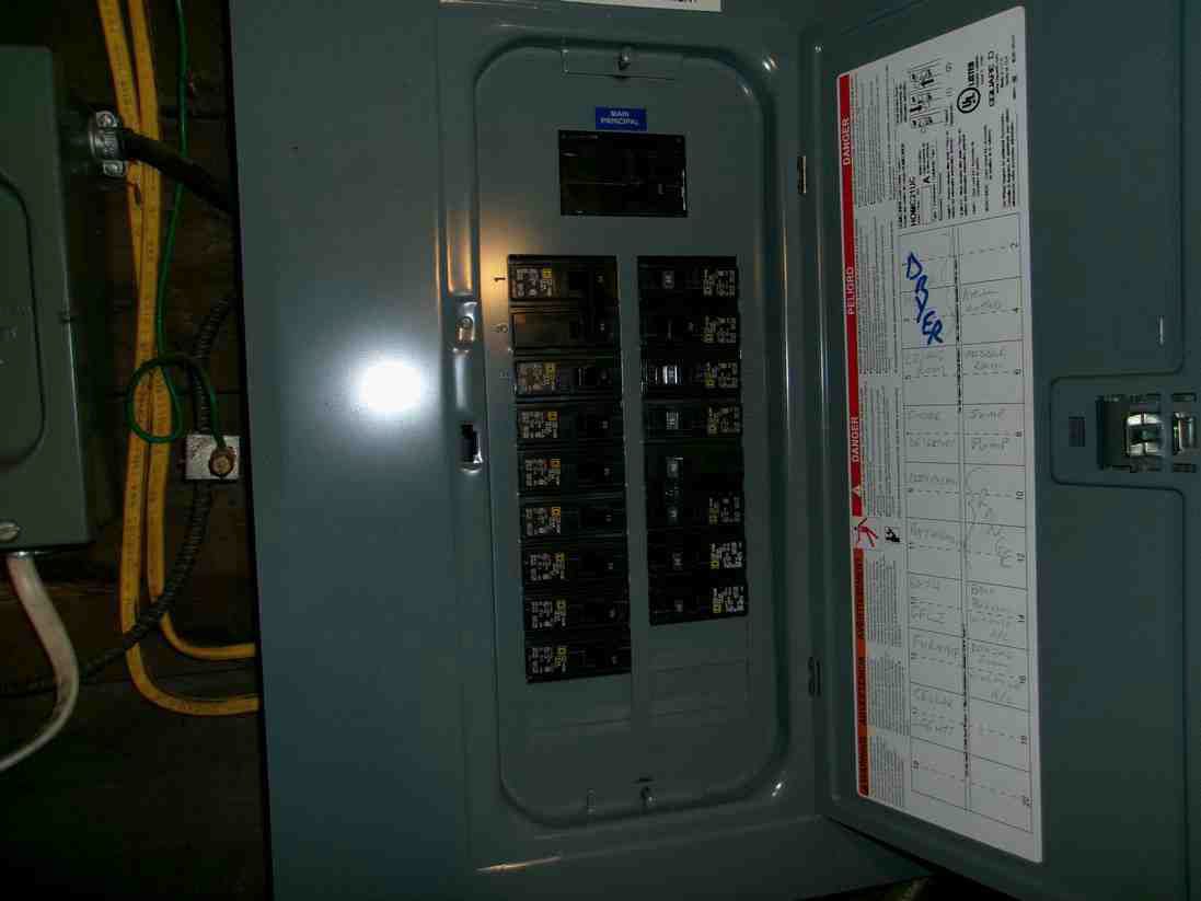 Electrical breaker panel with open door and a circuit directory on the right side