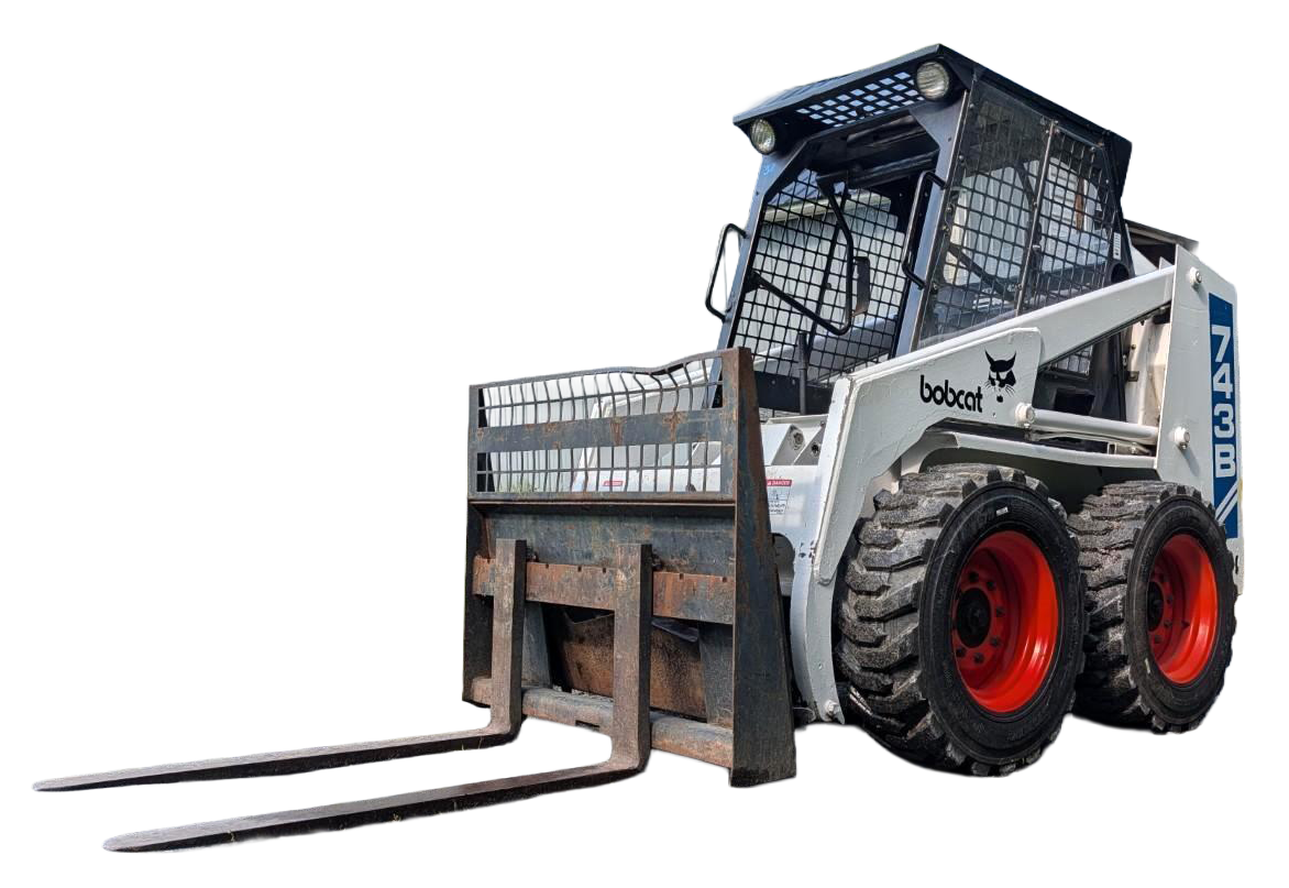 Compact skid-steer loader with front forks on a white background