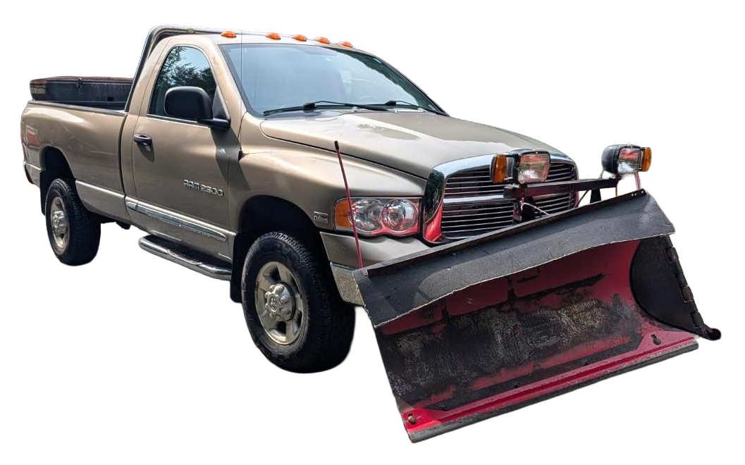 Pickup truck with front-mounted snow plow and amber lights, angled on a white background