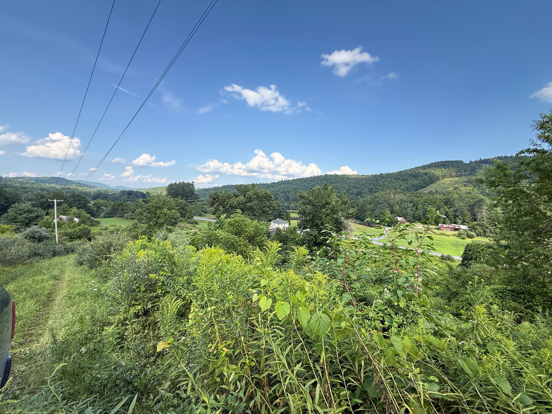 Green hillside landscape with dense foliage, blue sky, scattered clouds, and distant mountains
