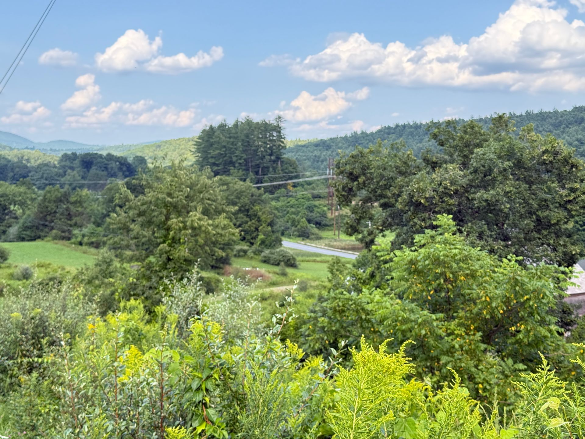 Lush green hills and trees under a blue sky with scattered clouds.