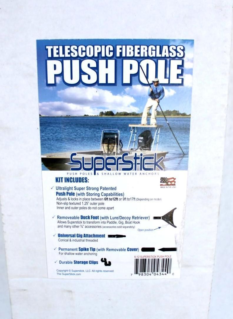 Package label for a telescopic fiberglass push pole, with a man using it on a boat on the water.
