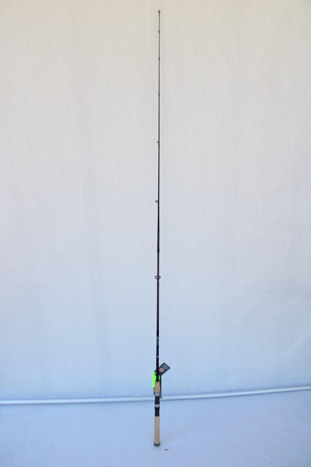 Fishing rod standing upright against a plain wall