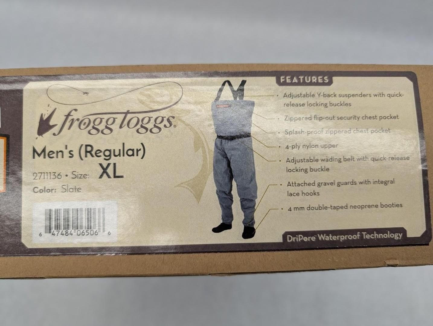 Frogg Toggs Men’s regular XL wading pants box with tan label and product photo in gray waders