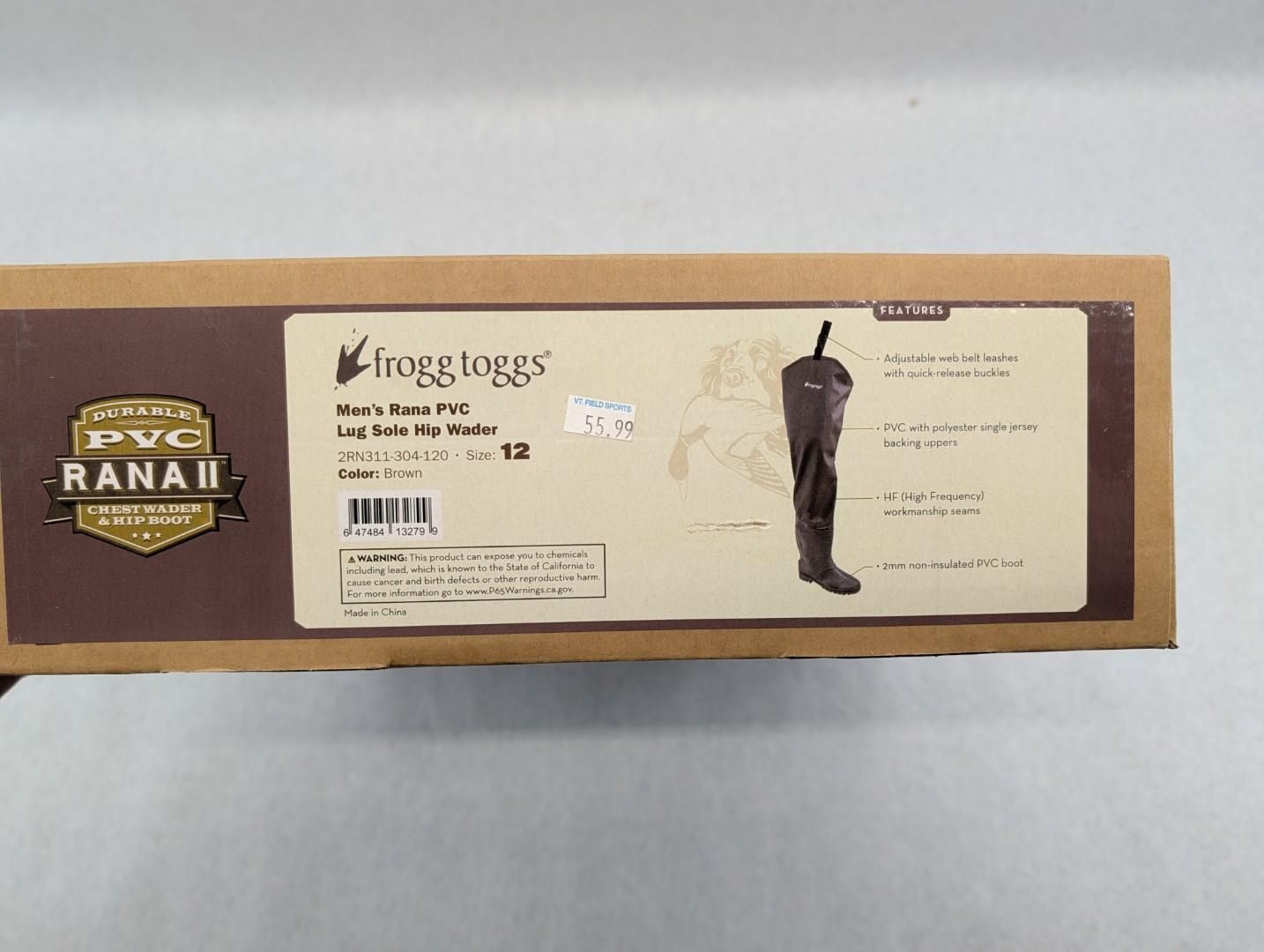 Brown Ranak-branded box with a Frog Toggs rain suit label and product image on the front.