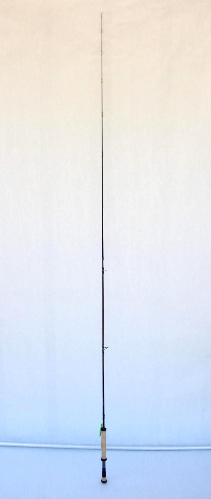Tall fishing rod standing upright against a plain light wall.