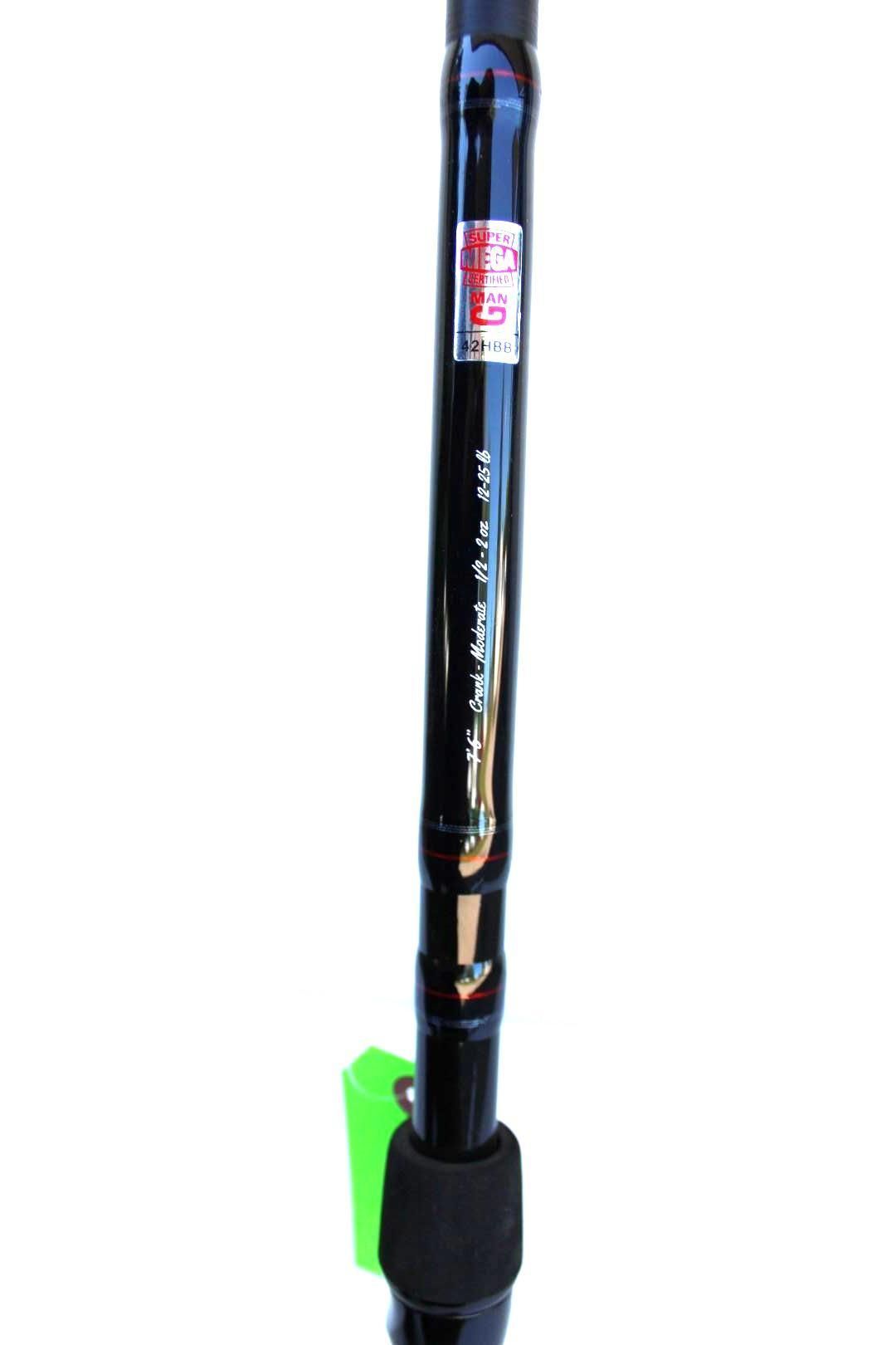 Black fishing pole with white branding and a red label, shown upright against a white background