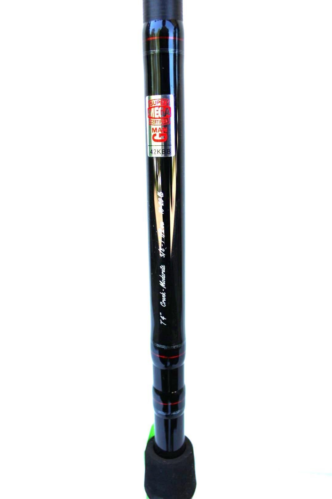 Black fishing rod standing upright with red label and black handle