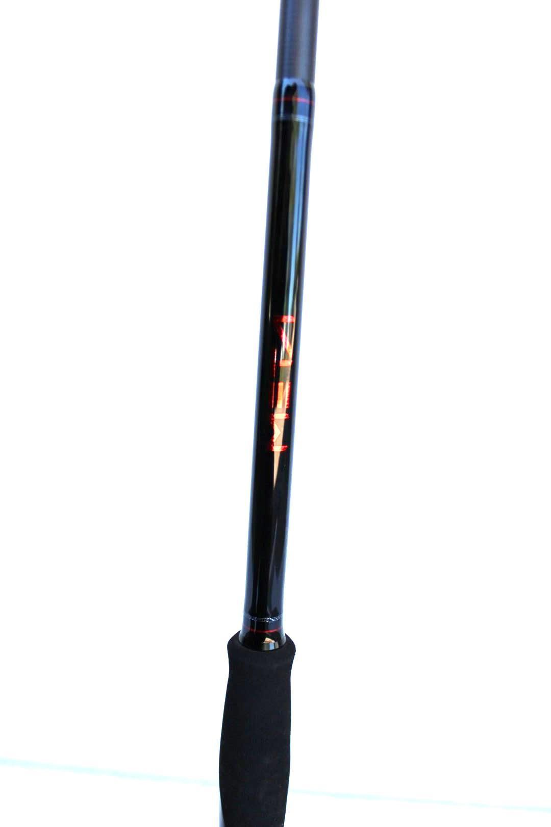 Black fishing rod with orange logo and foam grip on a white background
